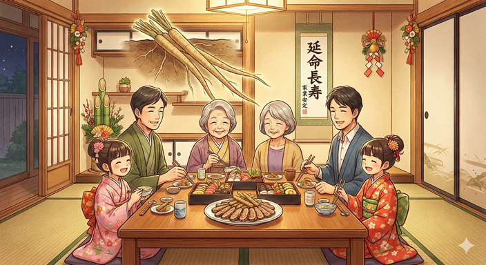 家族で楽しむおせち料理、たたきごぼうに込められた願いの図