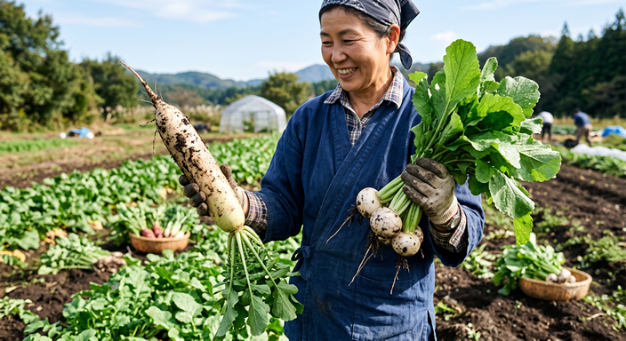 晴れた畑で、土から抜いたばかりの大根とカブを手に持つ農家