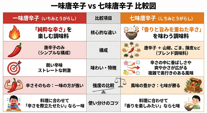 一味と七味の違いのイラスト図
