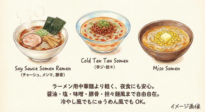 そうめんをラーメンのスープで食べるメニューのイラスト図