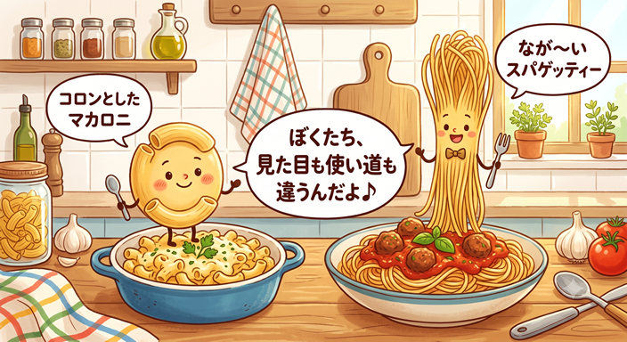 マカロニとスパゲッティーの明るくかわいいキッチンのイラスト