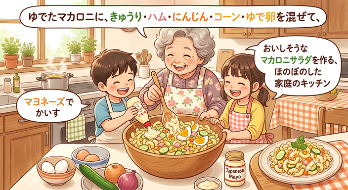 マヨネーズでおいしそうなマカロニサラダを作る、ほのぼのした家庭のキッチン