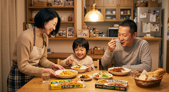 夕食の食卓で、子どもは甘口のカレーを笑顔で食べ、隣では父親がスパイスの効いたカレーを楽しんでいる