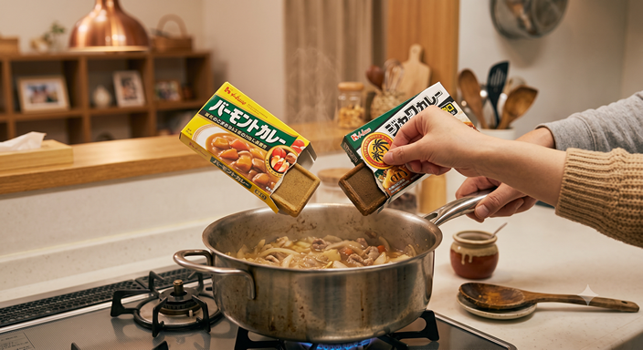 キッチンでバーモントカレーとジャワカレーのルーを半分ずつ割り入れ、鍋の中へ入れている手元のアップ