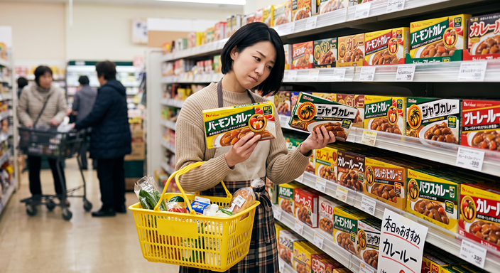 スーパーのカレールー売り場で、バーモントカレーとジャワカレーの箱を手に取り