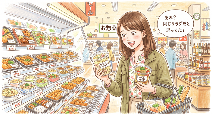 マカロニサラダとスパゲッティーサラダを見比べながら『あれ?同じサラダだと思ってた!』と笑顔で気づく女性