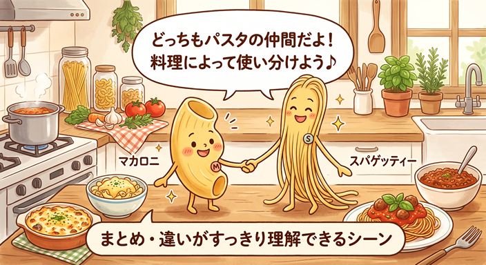 マカロニとスパゲッティーが仲良く手をつなぎ、『どっちもパスタの仲間だよ!』