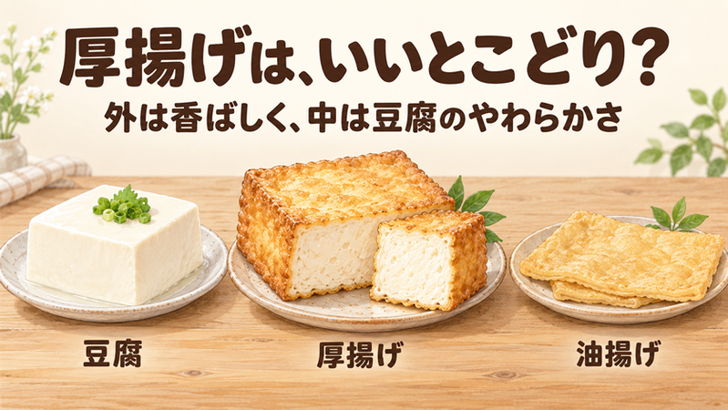 木の食卓に、豆腐・厚揚げ・油揚げを並べる