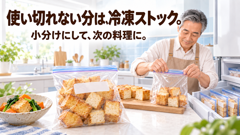 60代の男性が、切り分けた厚揚げを小分けにして冷凍用の保存袋に入れている