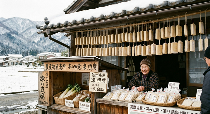 凍り豆腐(こおりどうふ)を副業で販売するおばあさん