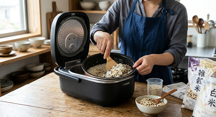 白米に雑穀を混ぜて炊飯器にセットするところ